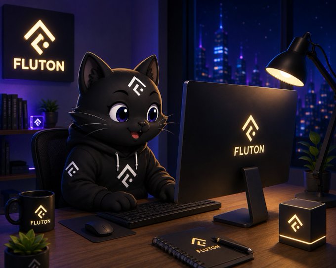 A 3D-rendered black cat character wearing a hoodie with the FLUTON logo sits at a desk using a computer displaying the FLUTON brand, surrounded by matching branded merchandise in a neon-lit office.