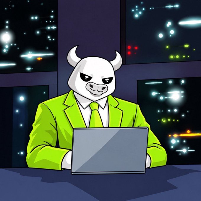 A cartoon illustration of a bull character wearing a bright green suit and tie, working on a laptop with a space-themed background visible through windows.