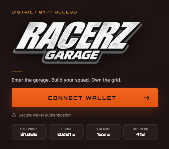 A website interface for 'RACERZ GARAGE' displaying a 'CONNECT WALLET' button, with stats showing ETH price $1,882, Floor 0.021, Volume 153, and 419 Holders.