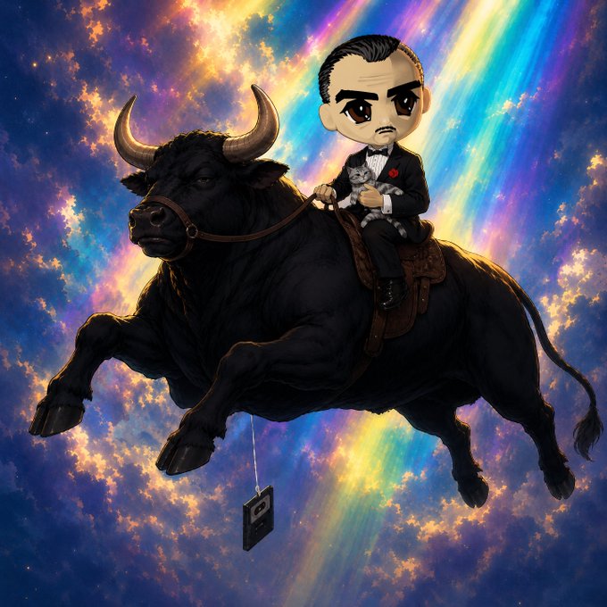 A chibi-style cartoon character in a tuxedo holding a gray cat rides a black bull through a vibrant sky filled with rainbow colors and clouds, with a small boombox hanging below the bull.