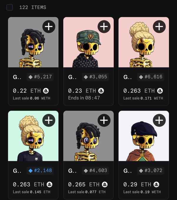The image shows six different cartoon-style skeleton characters, each with unique clothing styles and accessories such as hats or scarves. The characters include a blonde girl wearing a hat, a black skull with a scarf around its neck, another blonde girl with a hat on her head, a black skull with a scarf wrapped around it, a yellow skull with a hat on its head, and a green skull with a hat on its head. Each character is accompanied by text that provides information about the item or the character's background, such as "G" for gold, "G&G" for gem, "0.22 E" for exclusive, "0.55 E" for collectors, and "0.56 G" for trait sniping.
