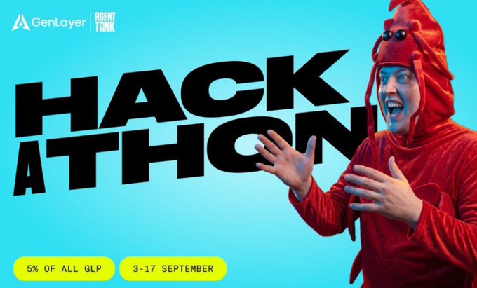 A promotional banner for GenLayer's "Hackathon" features a person in a red lobster costume making an exaggerated, surprised expression against a bright teal background. The image includes text announcing "5% OF ALL GLP" rewards and dates of "3-17 SEPTEMBER," suggesting the hackathon is aimed at addressing unsolved Web3 challenges like agentic commerce and AI dispute resolution mentioned in the accompanying post.