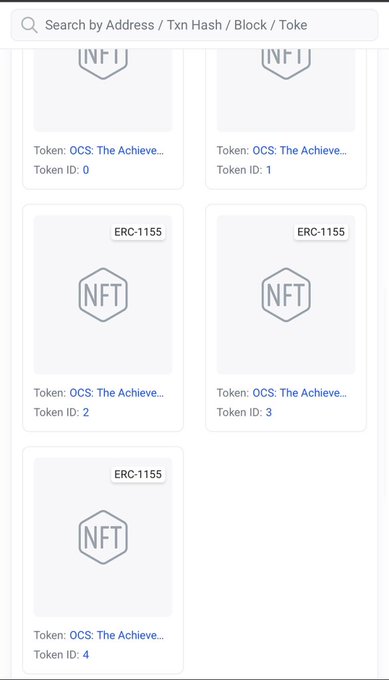 A mobile UI screenshot showing an NFT marketplace with five ERC-1155 tokens labeled 'OCS: The Achieve...' with Token IDs 0 through 4, each represented by a hexagonal NFT placeholder.