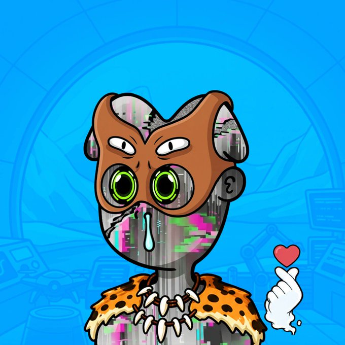 A cartoon illustration of a character with a glitchy, cybernetic face wearing a brown animal-ear hood and leopard-print clothing, against a blue background.
