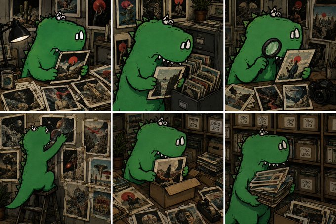 A six-panel comic illustration showing a cute green cartoon dinosaur examining, magnifying, sorting, and filing various artworks and photographs in a cluttered studio filled with boxes labeled 'DINO JPG'.