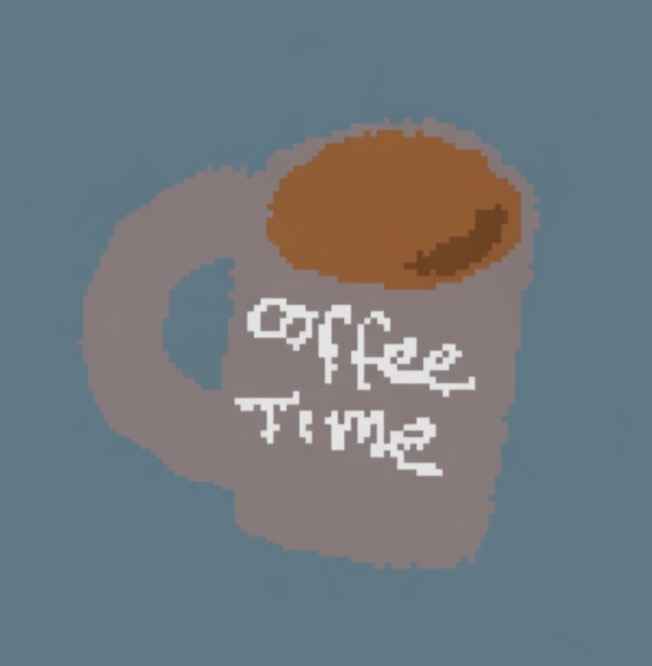 Pixel art of a gray coffee mug filled with brown coffee against a blue background, with the text 'Coffee Time' overlaid.