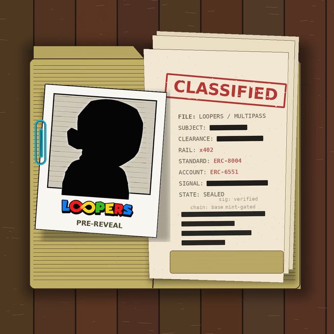 A digital illustration of a classified folder containing documents with 'CLASSIFIED' stamped in red, a 'LOOPERS PRE-REVEAL' Polaroid with a black silhouette, and file details like 'FILE: LOOPERS / MULTIPASS' and 'STANDARD: ERC-8004'.