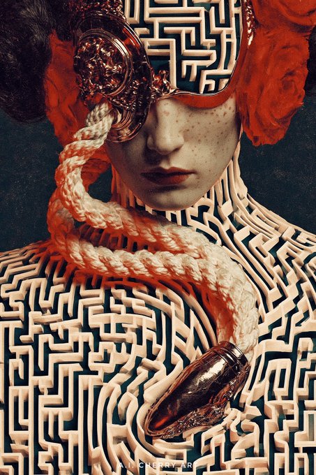 A surreal digital artwork by CHERNYY_ART featuring a person with a maze-like pattern on their body, holding a metallic object attached to a thick rope near their face.