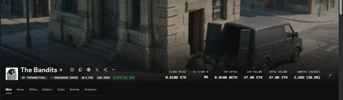 A screenshot of an NFT collection called "The Bandits" on the Robinhood Chain, with a floor price of 0.0100 ETH, showing a 3D animated scene of a van parked on a street.