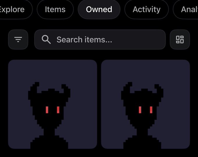A dark-themed digital interface displays navigation tabs labeled 'Explore,' 'Items,' 'Owned,' 'Activity,' and 'Anal' above a search bar and two pixel-art demon icons with red eyes.