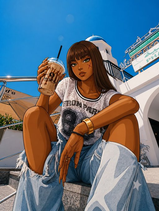 An illustrated anime-style woman relaxes on a sunny day, holding an iced coffee and wearing a graphic tee reading "FROM PARIS" with the number "8," paired with star-printed ripped denim. The casual, vacationy vibe mirrors the post's laid-back Sunday greeting and reminder to "touch religious grass."