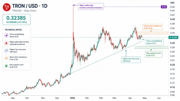 A daily TRON/USD (TRXUSD) candlestick chart showing price at 0.32385, with technical notes indicating consolidation above 0.32, major spike high resistance above 0.45, and key support at 0.30-0.31.
