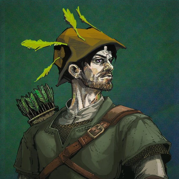 A comic-style illustration of a rugged bearded hunter or ranger wearing a yellow hood and green tunic, carrying a quiver of arrows with green fletching.