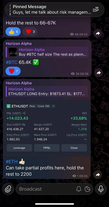 A mobile screenshot of a crypto trading channel showing "Horizon Alpha" giving a pinned message about risk management, alongside signals for #BTC at 65.4K with instructions to "Hold the rest to 66-67K," and an open ETHUSDT long position with +33.68% ROI currently held with partial profit-taking advised and a target of 2200.