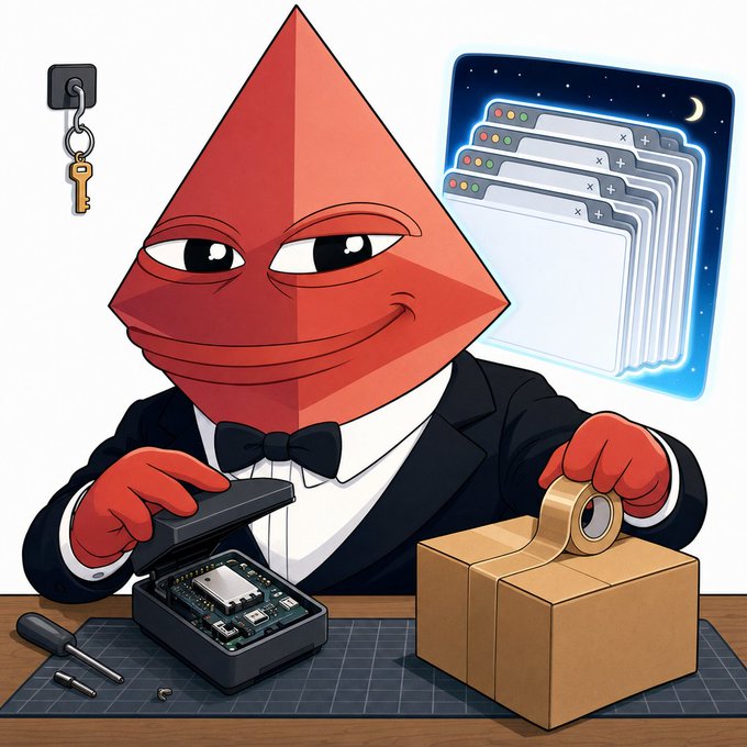 Anthropic's red pyramid character (likely Claude) in a tuxedo works at a workbench, sealing a cardboard box with tape while opening a hardware security module, with stacked browser tabs and a key icon floating nearby—visually echoing the caption's build log of retiring a hardware crypto demo while shipping daily browser-based news and passkey updates.
