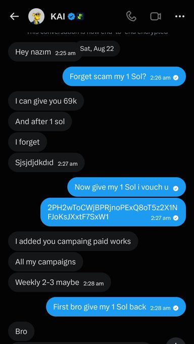 A messenger conversation with 'KAI' discussing a potential deal involving 'Sol' cryptocurrency, with messages sent early Saturday morning.