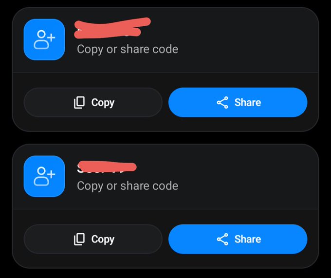 Two 'Copy or share code' UI panels on a dark background, each with a blue person-add icon, a redacted username, and Copy and Share buttons.