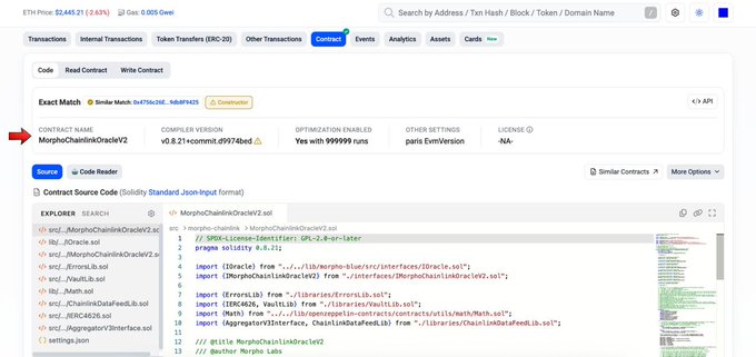 The image shows a Etherscan page displaying the verified contract source code for MorphoChainlinkOracleV2 (version v0.8.21) with a red arrow pointing to the contract name. This relates to the Morpho Midnight tutorial mentioned in the post, which likely covers how Morpho's DeFi infrastructure, including its Chainlink oracle integration, works alongside tools like DeFiSaver's simulation mode for safer transaction testing.