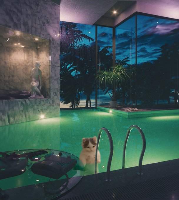 A small kitten in an indoor pool with large windows overlooking a tropical night scene.

The image captures the "simple enough to understand in one second" idea the post mentions—the cute, recognizable kitten embodies how the strongest memes (like $MICHI) rely on instant visual familiarity rather than complexity.