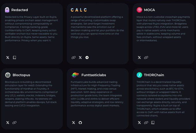 A dark-themed directory listing six Web3 projects with descriptions: Redacted (privacy layer on Rujira), CALC (decentralized investing platform), MOCA (crosschain payments via THORChain), Bloctopus (web3 dev infrastructure), Funntasticlabs (HFT/Market Making), and THORChain (liquidity protocol).