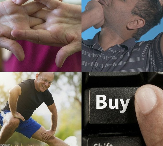 A four-panel image shows people appearing to be in pain (clutching hands, biting a finger, holding a knee) alongside a close-up of a finger pressing a keyboard key labeled "Buy".