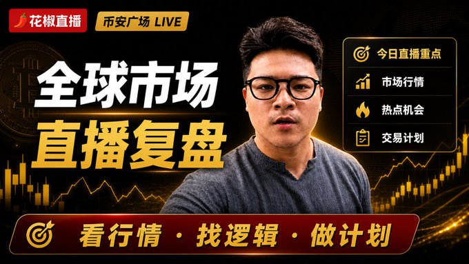 A Chinese live-stream thumbnail featuring a man with glasses, with text including '花椒直播', '币安广场 LIVE', '全球市场 直播复盘', '今日直播重点', and '看行情 · 找逻辑 · 做计划'.
