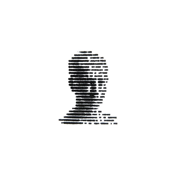 A sketch-style drawing of a human head profile is filled with horizontal lines of text that appear blurred or illegible.