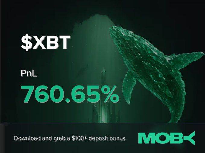 An advertisement for Moby Mobile displays a "Win Alert" showcasing a trader's closed position on $XBT with an impressive PnL of +760.65%, set against a dramatic underwater scene featuring a large whale sculpture. The ad promotes a $100+ deposit bonus download offer.