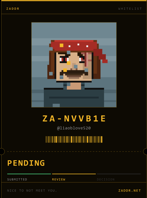 A digital ID card labeled 'ZADDR' showing a pixel art avatar of a girl with a red bandana, with the ID 'ZA-NVVB1E', username '@liaoblove520', status 'PENDING', and a progress bar at 'REVIEW', marked 'ZADDR.NET'.