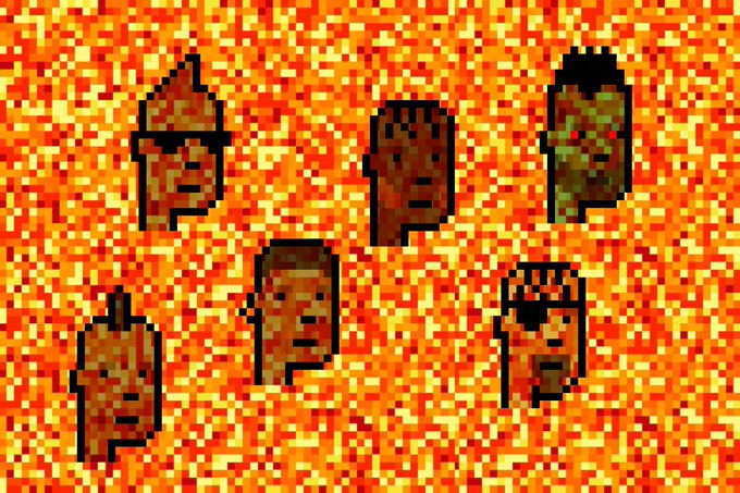 Pixel-art image of seven stylized character faces with varied hair and expressions on a bright orange mosaic background.