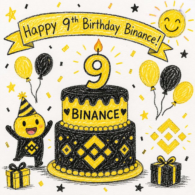 A hand-drawn yellow and black illustration celebrating Binance's 9th birthday, featuring a tiered cake with a '9' candle, balloons, a Binance mascot, and a gift box.