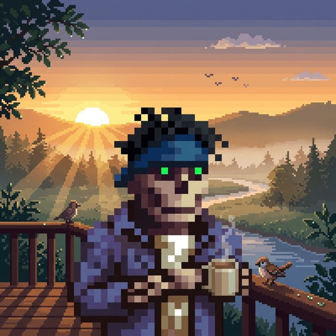 A pixel art illustration shows a character wearing a hat and purple coat holding a steaming mug on a balcony, watching a sunset over a river landscape with birds and a small bird perched nearby.