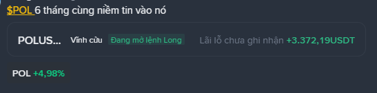 A Vietnamese-language trading screenshot showing $POL token with a +4.98% gain, indicating 'POLUS...' is 'Vĩnh cửu' (eternal) with a pending Long order and an unrealized profit of +3,372.19 USDT.
