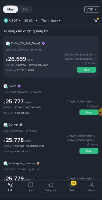 A Vietnamese cryptocurrency P2P trading app interface (Binance) showing USDT buy advertisements with prices ranging from 26,659 to 25,779 USDT from various sellers like THẦN_TÀI_247_Team3 and DinoP.