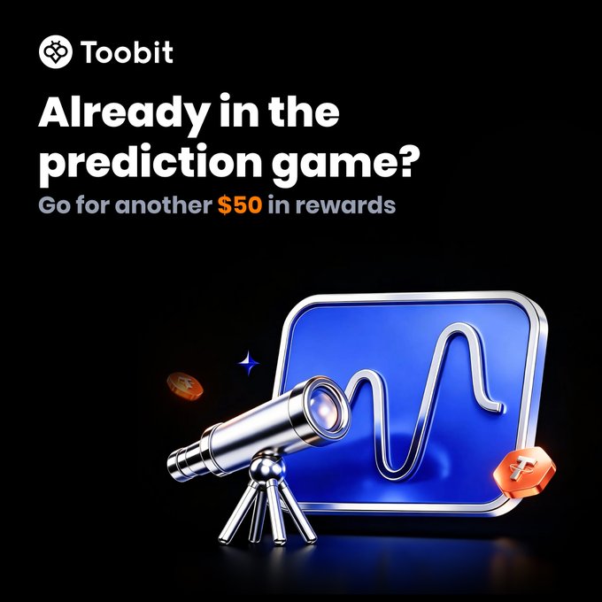 A black promotional graphic for 'Toobit' advertises '$50 in rewards' with the text 'Already in the prediction game?' alongside a 3D illustration of a telescope and prediction chart.