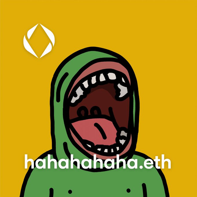 A cartoon image with a yellow background showing a green-hooded figure with a wide-open mouth and the text "hahahahaha.eth" below, along with a small diamond logo in the corner.