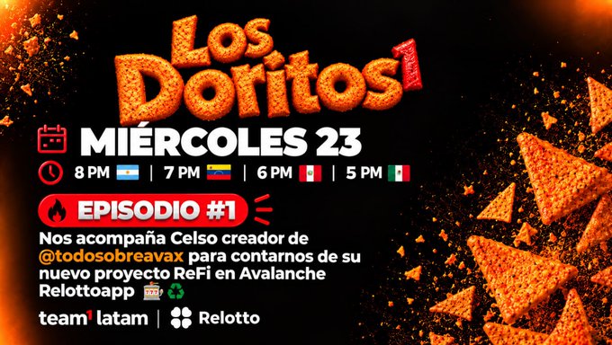 A promotional graphic for 'Los Doritos' Episode #1 airing Wednesday the 23rd, featuring guest Celso, creator of @todosobreavax, discussing a new ReFi project with Avalanche.