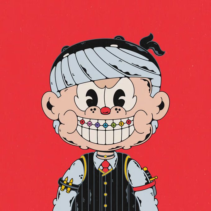 A cartoon illustration features a character with gray hair, a wide toothy grin with colorful braces, wearing a black pinstripe vest, white shirt, and red tie against a red background.