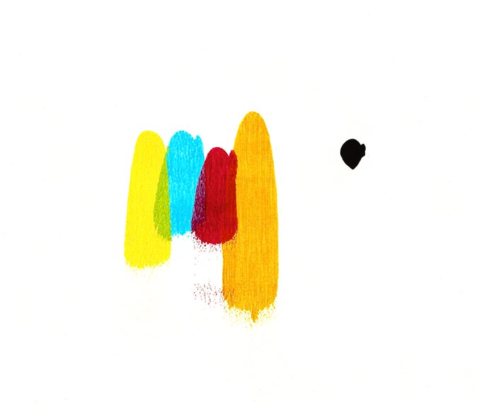 An abstract painting featuring vertical brush strokes in yellow, cyan, red, and gold, accompanied by a small black mark on the right side of the white canvas.