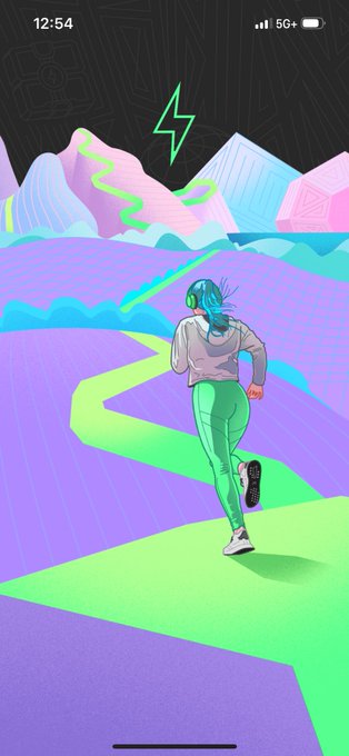 An illustrated phone wallpaper showing a person running on a green path through a purple landscape with neon mountains and a lightning bolt, timestamped 12:54.
