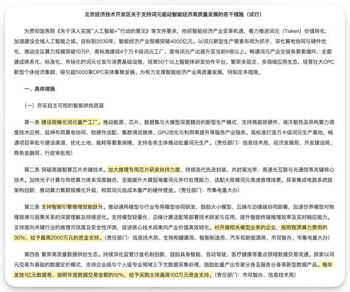The image shows a Chinese policy document titled "Measures of Beijing Economic-Technological Development Area on Supporting the High-Quality Development of Intelligent Economy Driven by Tokens (Trial)" (北京经济技术开发区关于支持元驱智能经济高质量发展的若干措施（试行）), which outlines measures including building scaled "token" mass production factories, with key provisions highlighted about accelerating verification of high-end smart computing chips, R&D support of 30% of actual R&D investment (capped at 20 million yuan) for companies developing relevant large models, and annual support of up to 10 million yuan with 10% of revenue for data element enterprises.