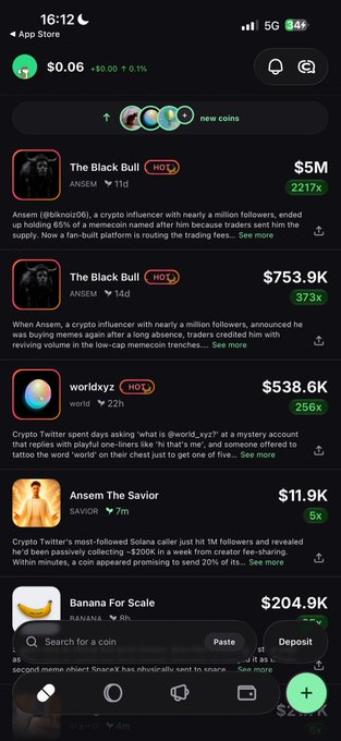 The image shows a Pump.fun mobile app displaying hot memecoins, with "Ansem" notably appearing at the top with two separate entries ("The Black Bull" at $5M with 2217x gains and another "The Black Bull" at $753.9K with 373x gains), humorously supporting the claim that Ansem "literally owns Pump.fun" by dominating the trending coins list.