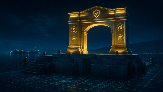 A glowing golden archway on a dark waterfront pier is adorned with DeFi and stablecoin icons (a shield with a checkmark, dollar and Tether symbols, a chart, and stacked coins), visually evoking a "harbor" gateway for routing stablecoin deposits into Morpho vaults, aligning with the post's description of Ethraship Harbor's strategy of leveraging established DeFi infrastructure rather than inventing new primitives.