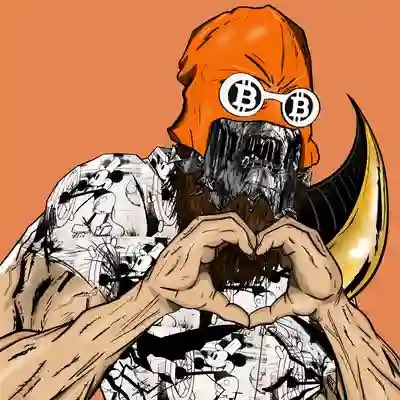 Digital artwork of a red-skinned masked figure wearing Bitcoin-themed sunglasses, making a heart shape with their hands against an orange background.