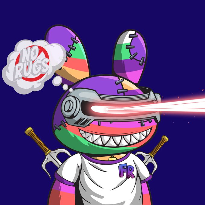 A cartoon character with colorful rabbit ears, stitches, and a VR headset shooting laser beams from its eyes, thinking 'NO DRUGS' in a thought bubble, wearing a white shirt with 'FR' text, set against a dark blue background.