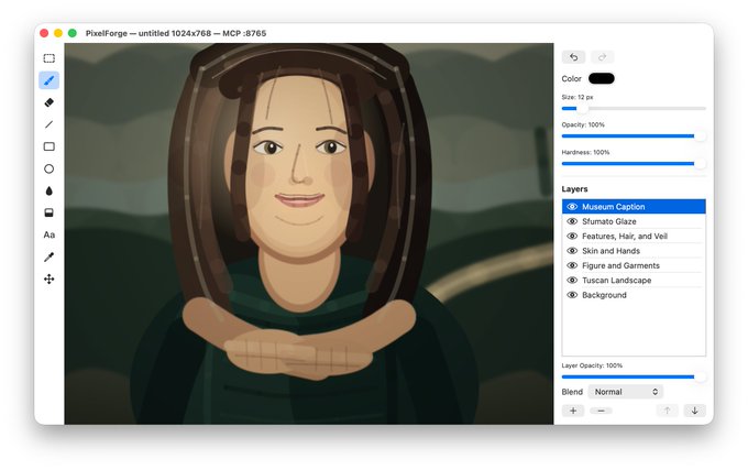 PixelForge digital art application interface (MCP :8765) showing a stylized Mona Lisa parody figure, with layers panel listing 'Museum Caption, Shumato Glaze, Features Hair and Veil, Skin and Hands, Figure and Garments, Tuscan Landscape, Background'