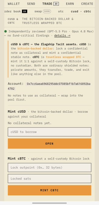 The image shows a Trade interface on CUSD for minting the bitcoin-backed dollar and cBTC. It includes options to mint CUSD against existing collateral (none currently held) and a Mint cBTC section with input fields for "Lock outpoint (0x... 32 bytes)" and "Locked sats" to wrap BTC into the pool.