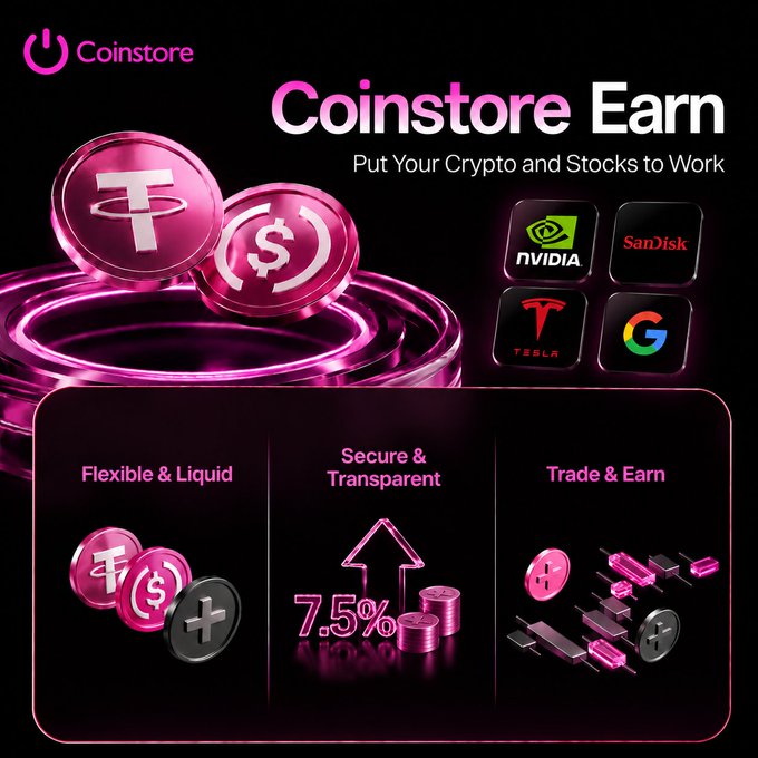 A promotional graphic for 'Coinstore Earn' featuring pink glowing crypto coins and logos of NVIDIA, SanDisk, Tesla, and Google, highlighting features like 7.5% returns.