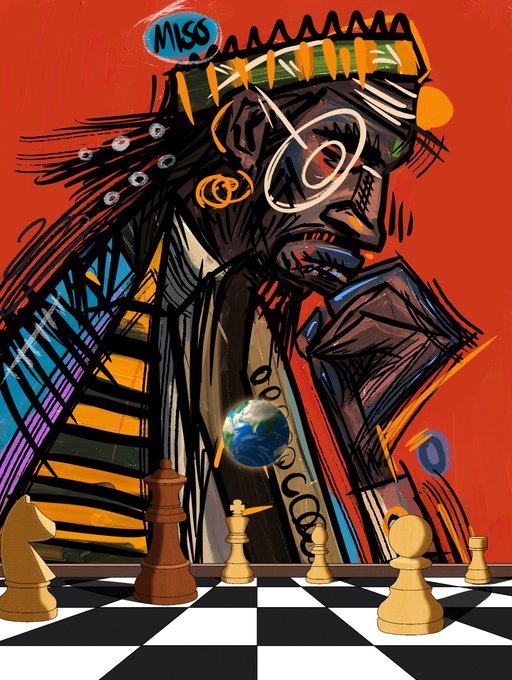 A vibrant, abstract painting of a figure with the text 'MISO' and 'DOGCOIN' on a red background, featuring chess pieces and a small Earth on a checkered board in the foreground.