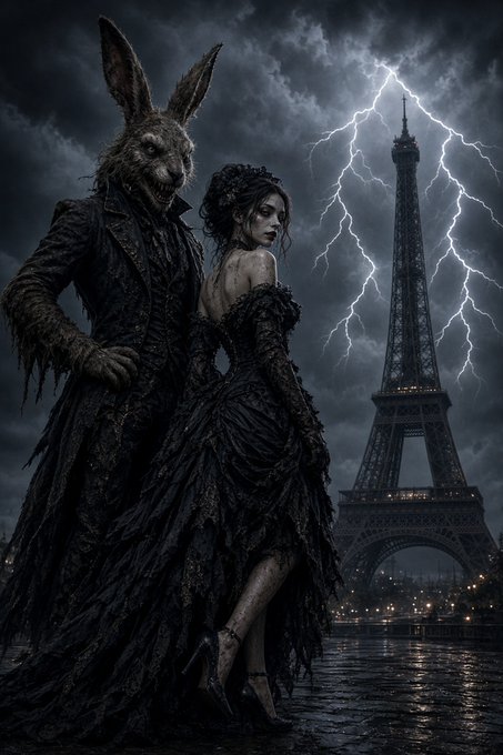A dark, gothic illustration of a sinister figure wearing a rabbit mask alongside a pale woman in a black dress, standing before the Eiffel Tower under a stormy sky with lightning.